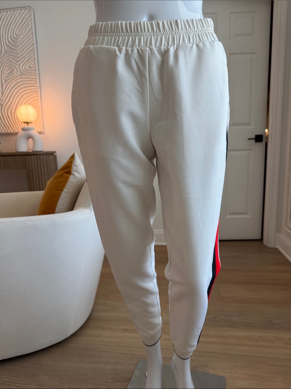 White Jogger Pants with Red & Black Side Stripe